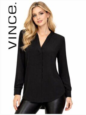 Vince Black V-Neck Blouse Semi Sheer Long Sleeve Minimalist Size S